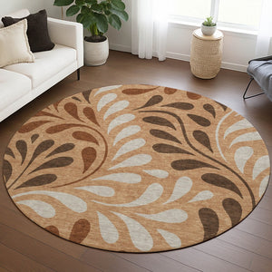 HomeRoots 8' Stylish Copper Beige & Chocolate Round Botanical Leaves Rug - Washable, Durable for Indoor/Outdoor Use 690928