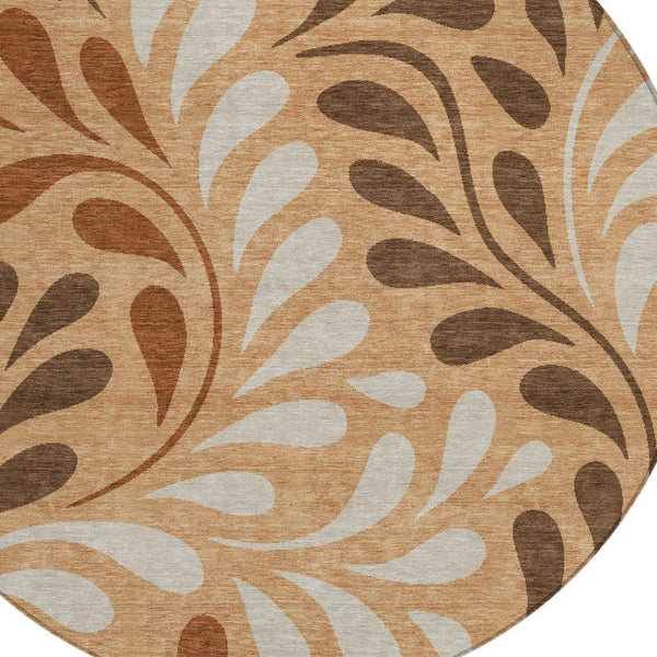 HomeRoots 8' Stylish Copper Beige & Chocolate Round Botanical Leaves Rug - Washable, Durable for Indoor/Outdoor Use 690928