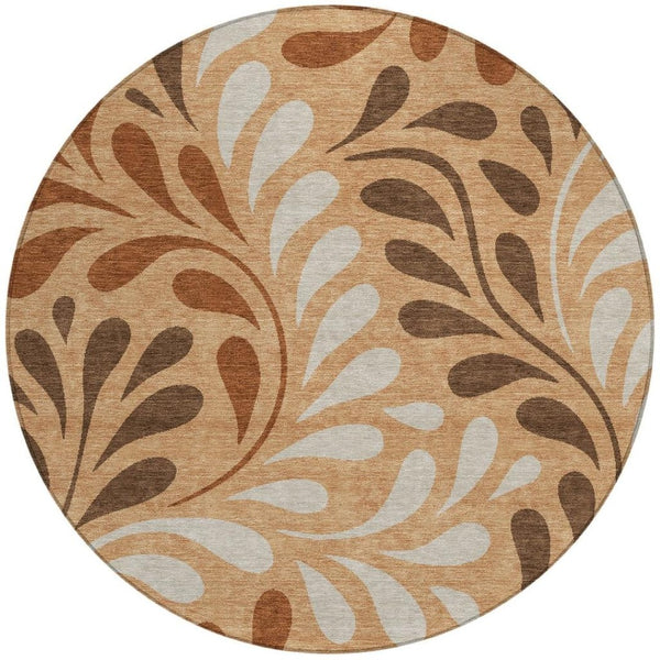 HomeRoots 8' Stylish Copper Beige & Chocolate Round Botanical Leaves Rug - Washable, Durable for Indoor/Outdoor Use 690928