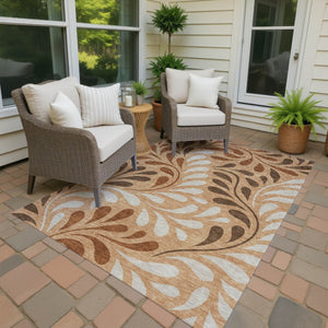 HomeRoots 10' Copper Beige & Chocolate Botanical Leaves Area Rug - Washable, Indoor/Outdoor, Durable Elegance 690931