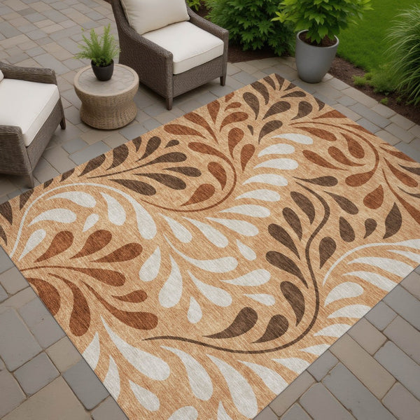 HomeRoots 10' Copper Beige & Chocolate Botanical Leaves Area Rug - Washable, Indoor/Outdoor, Durable Elegance 690931
