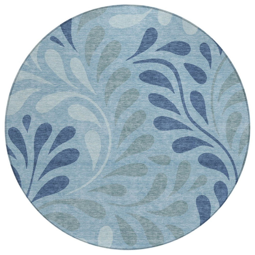 HomeRoots 8' Denim Blue Round Rug with Botanical Leaves - Stylish, Washable Area Rug for Indoor & Outdoor Use 690934