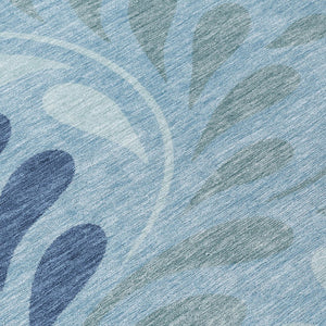 HomeRoots 8' Denim Blue Round Rug with Botanical Leaves - Stylish, Washable Area Rug for Indoor & Outdoor Use 690934
