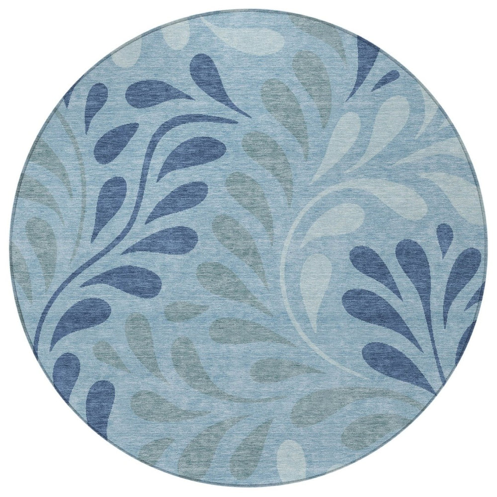 HomeRoots 8' Denim Blue Round Rug with Botanical Leaves - Stylish, Washable Area Rug for Indoor & Outdoor Use 690934