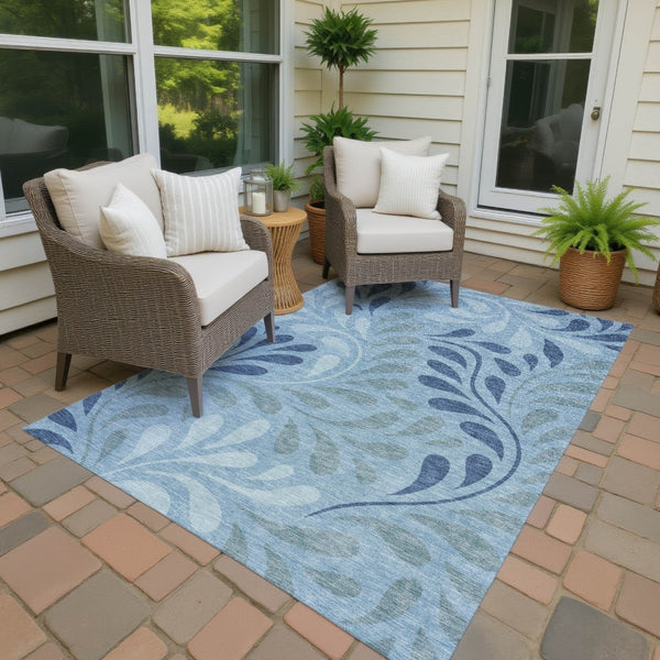 HomeRoots 10' X 14' Denim Blue & Sky Blue Botanical Leaves Rug - Durable, Washable for Indoor/Outdoor Use! 690937