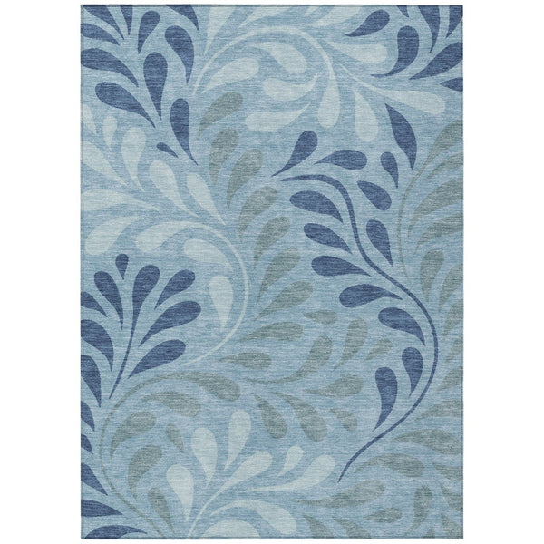 HomeRoots 10' X 14' Denim Blue & Sky Blue Botanical Leaves Rug - Durable, Washable for Indoor/Outdoor Use! 690937