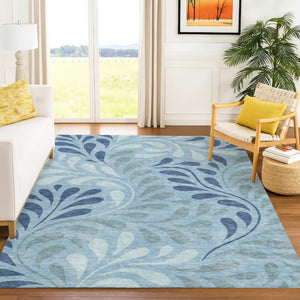 HomeRoots 10' X 14' Denim Blue & Sky Blue Botanical Leaves Rug - Durable, Washable for Indoor/Outdoor Use! 690937