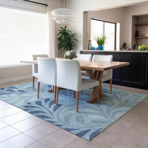 HomeRoots 10' X 14' Denim Blue & Sky Blue Botanical Leaves Rug - Durable, Washable for Indoor/Outdoor Use! 690937