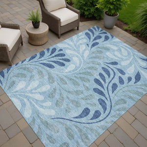HomeRoots 10' X 14' Denim Blue & Sky Blue Botanical Leaves Rug - Durable, Washable for Indoor/Outdoor Use! 690937