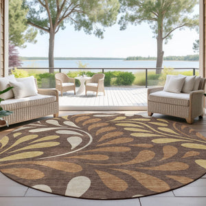 HomeRoots 8' Round Washable Area Rug with Botanical Leaves Design in Chocolate, Gold & Beige for Indoor/Outdoor Use 690940