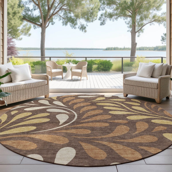 HomeRoots 8' Round Washable Area Rug with Botanical Leaves Design in Chocolate, Gold & Beige for Indoor/Outdoor Use 690940