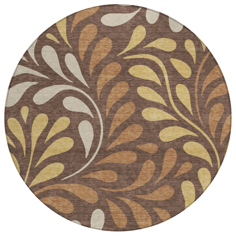 HomeRoots 8' Round Washable Area Rug with Botanical Leaves Design in Chocolate, Gold & Beige for Indoor/Outdoor Use 690940