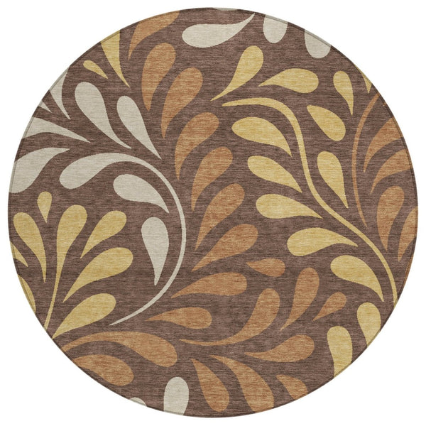 HomeRoots 8' Round Washable Area Rug with Botanical Leaves Design in Chocolate, Gold & Beige for Indoor/Outdoor Use 690940