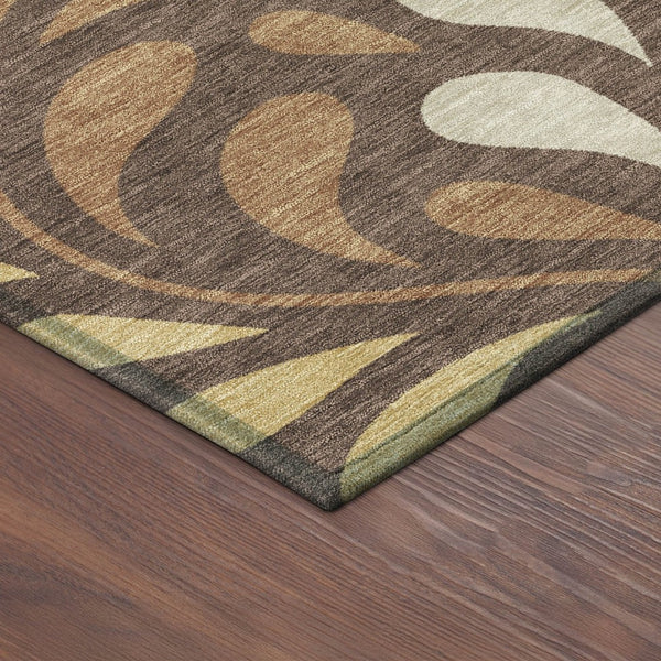 HomeRoots 8' Round Washable Area Rug with Botanical Leaves Design in Chocolate, Gold & Beige for Indoor/Outdoor Use 690940