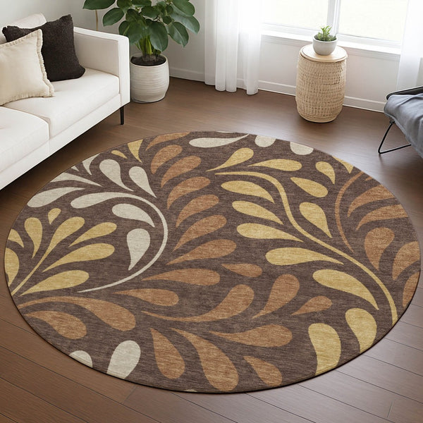 HomeRoots 8' Round Washable Area Rug with Botanical Leaves Design in Chocolate, Gold & Beige for Indoor/Outdoor Use 690940