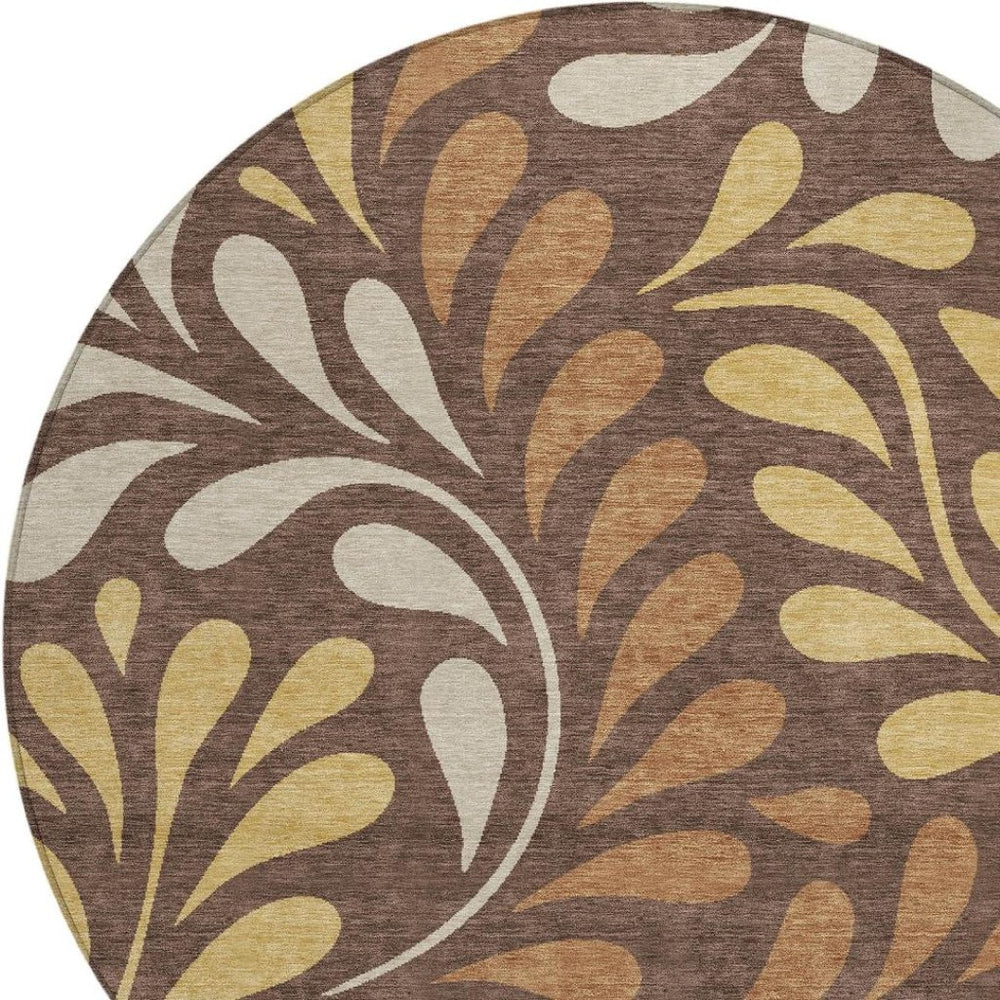 HomeRoots 8' Round Washable Area Rug with Botanical Leaves Design in Chocolate, Gold & Beige for Indoor/Outdoor Use 690940