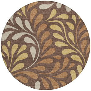 HomeRoots 8' Round Washable Area Rug with Botanical Leaves Design in Chocolate, Gold & Beige for Indoor/Outdoor Use 690940