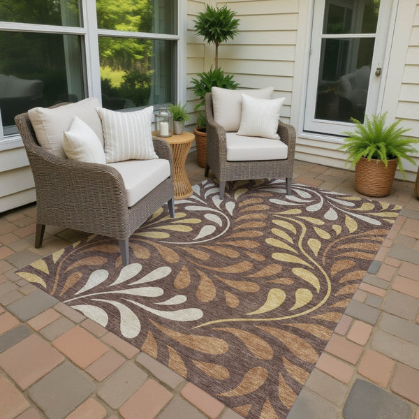 HomeRoots 9' X 12' Washable Indoor/Outdoor Area Rug - Elegant Chocolate Gold Botanical Leaves for Any Space 690942