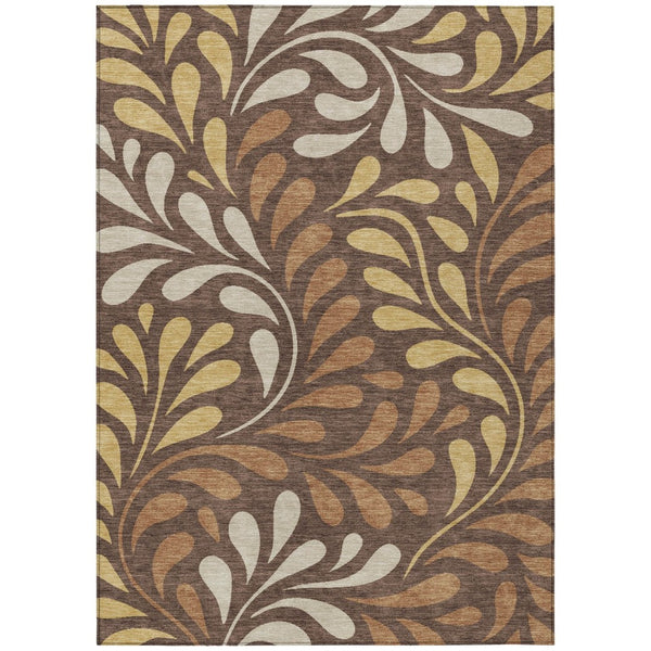 HomeRoots 9' X 12' Washable Indoor/Outdoor Area Rug - Elegant Chocolate Gold Botanical Leaves for Any Space 690942