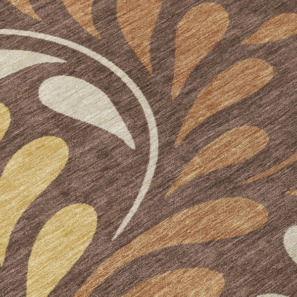 HomeRoots 9' X 12' Washable Indoor/Outdoor Area Rug - Elegant Chocolate Gold Botanical Leaves for Any Space 690942