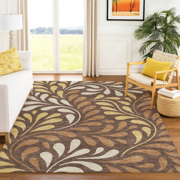 HomeRoots 9' X 12' Washable Indoor/Outdoor Area Rug - Elegant Chocolate Gold Botanical Leaves for Any Space 690942