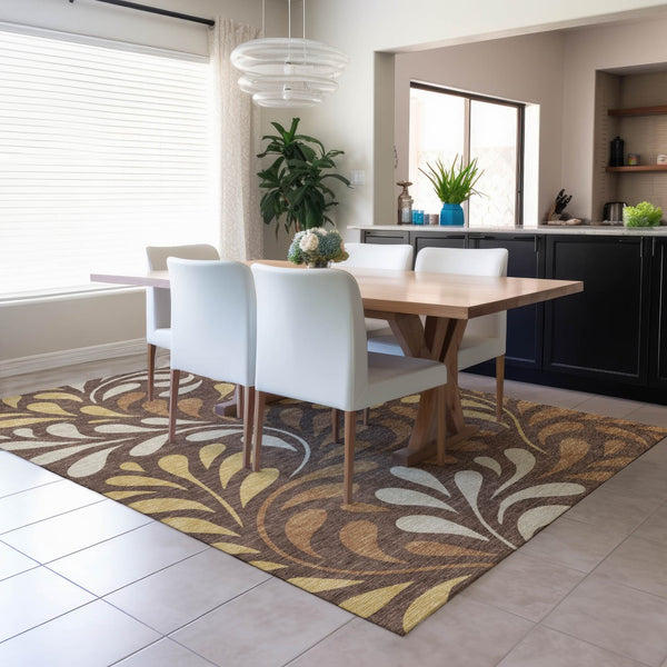 HomeRoots 9' X 12' Washable Indoor/Outdoor Area Rug - Elegant Chocolate Gold Botanical Leaves for Any Space 690942
