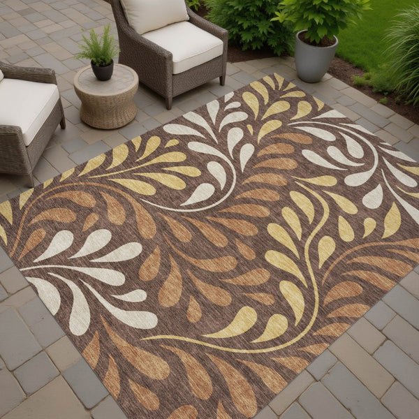HomeRoots 9' X 12' Washable Indoor/Outdoor Area Rug - Elegant Chocolate Gold Botanical Leaves for Any Space 690942