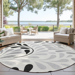 HomeRoots 8' Round Botanical Leaves Area Rug - Ivory, Black & Gray, Washable for Indoor/Outdoor Spaces 690946