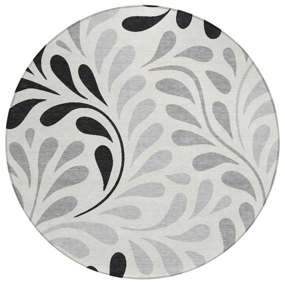 HomeRoots 8' Round Botanical Leaves Area Rug - Ivory, Black & Gray, Washable for Indoor/Outdoor Spaces 690946