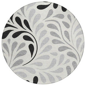 HomeRoots 8' Round Botanical Leaves Area Rug - Ivory, Black & Gray, Washable for Indoor/Outdoor Spaces 690946
