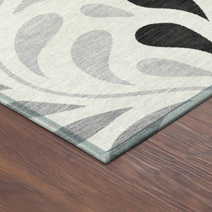 HomeRoots 8' Round Botanical Leaves Area Rug - Ivory, Black & Gray, Washable for Indoor/Outdoor Spaces 690946