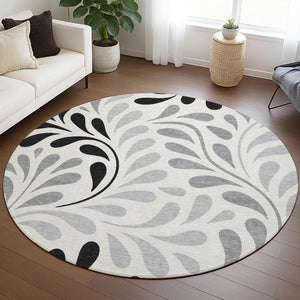 HomeRoots 8' Round Botanical Leaves Area Rug - Ivory, Black & Gray, Washable for Indoor/Outdoor Spaces 690946