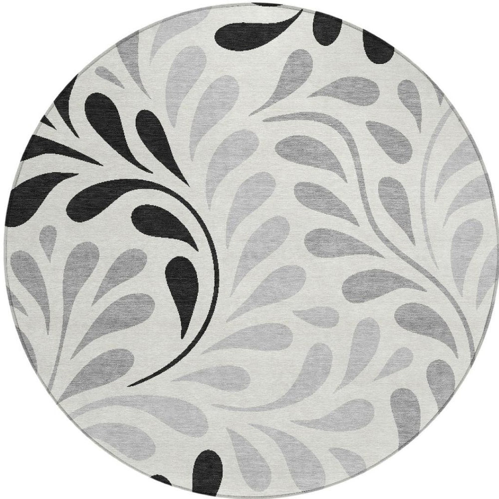 HomeRoots 8' Round Botanical Leaves Area Rug - Ivory, Black & Gray, Washable for Indoor/Outdoor Spaces 690946