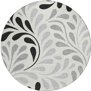HomeRoots 8' Round Botanical Leaves Area Rug - Ivory, Black & Gray, Washable for Indoor/Outdoor Spaces 690946