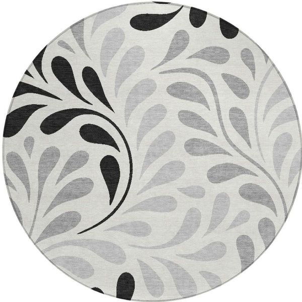 HomeRoots 8' Round Botanical Leaves Area Rug - Ivory, Black & Gray, Washable for Indoor/Outdoor Spaces 690946