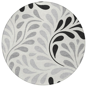 HomeRoots 8' Round Botanical Leaves Area Rug - Ivory, Black & Gray, Washable for Indoor/Outdoor Spaces 690946