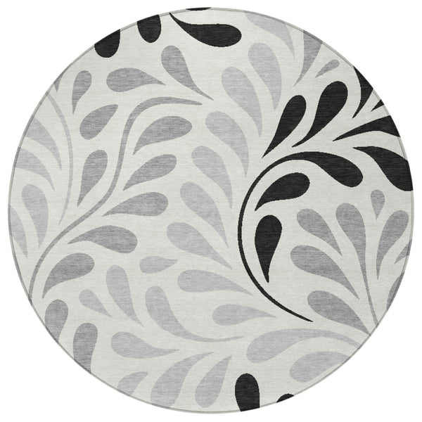 HomeRoots 8' Round Botanical Leaves Area Rug - Ivory, Black & Gray, Washable for Indoor/Outdoor Spaces 690946