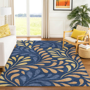 HomeRoots 5' Navy Blue Botanical Area Rug with Copper & Gold Leaves – Washable for Indoor/Outdoor Use! 690951
