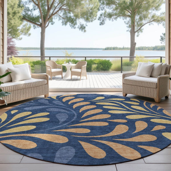 HomeRoots 8' Navy Blue Copper & Gold Round Botanical Leaves Rug - Washable, Stylish & Durable for Any Space 690952
