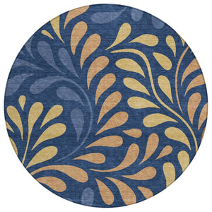 HomeRoots 8' Navy Blue Copper & Gold Round Botanical Leaves Rug - Washable, Stylish & Durable for Any Space 690952
