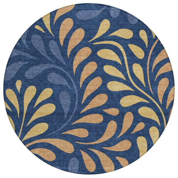 HomeRoots 8' Navy Blue Copper & Gold Round Botanical Leaves Rug - Washable, Stylish & Durable for Any Space 690952