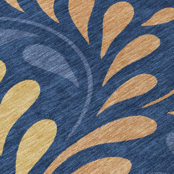 HomeRoots 8' Navy Blue Copper & Gold Round Botanical Leaves Rug - Washable, Stylish & Durable for Any Space 690952