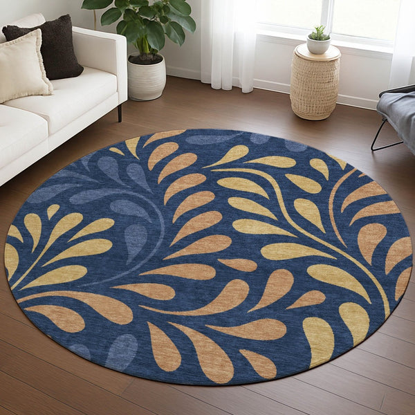 HomeRoots 8' Navy Blue Copper & Gold Round Botanical Leaves Rug - Washable, Stylish & Durable for Any Space 690952