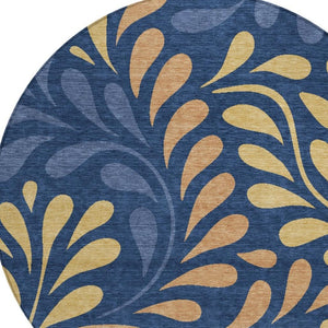HomeRoots 8' Navy Blue Copper & Gold Round Botanical Leaves Rug - Washable, Stylish & Durable for Any Space 690952