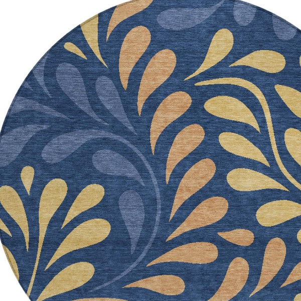 HomeRoots 8' Navy Blue Copper & Gold Round Botanical Leaves Rug - Washable, Stylish & Durable for Any Space 690952