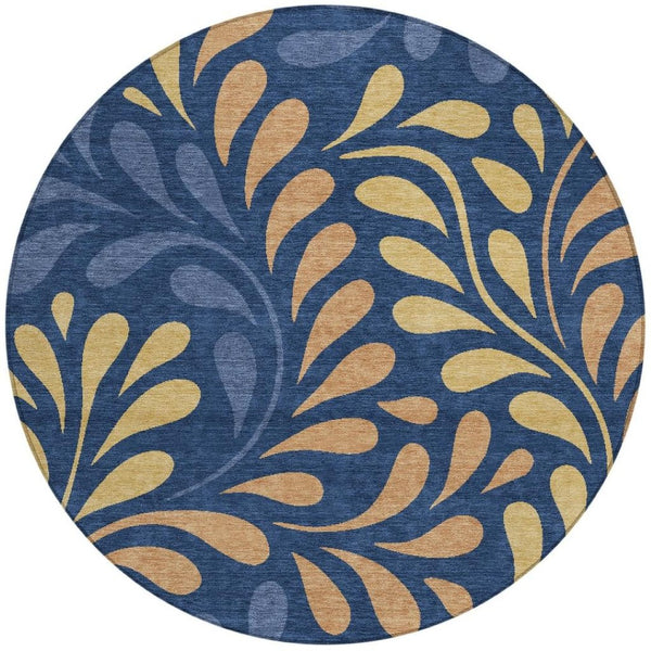 HomeRoots 8' Navy Blue Copper & Gold Round Botanical Leaves Rug - Washable, Stylish & Durable for Any Space 690952