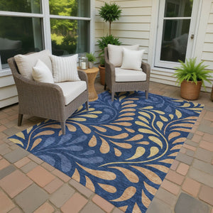 HomeRoots 8' X 10' Washable Navy Blue Botanical Leaves Rug - Stylish Indoor/Outdoor Design with Copper & Gold Accents 690953