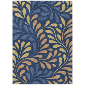 HomeRoots 8' X 10' Washable Navy Blue Botanical Leaves Rug - Stylish Indoor/Outdoor Design with Copper & Gold Accents 690953