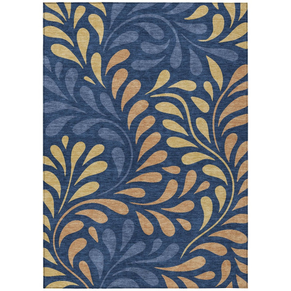 HomeRoots 8' X 10' Washable Navy Blue Botanical Leaves Rug - Stylish Indoor/Outdoor Design with Copper & Gold Accents 690953
