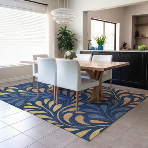 HomeRoots 8' X 10' Washable Navy Blue Botanical Leaves Rug - Stylish Indoor/Outdoor Design with Copper & Gold Accents 690953